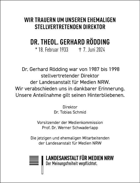 Traueranzeige von Gerhard Rödding von Rheinische Post