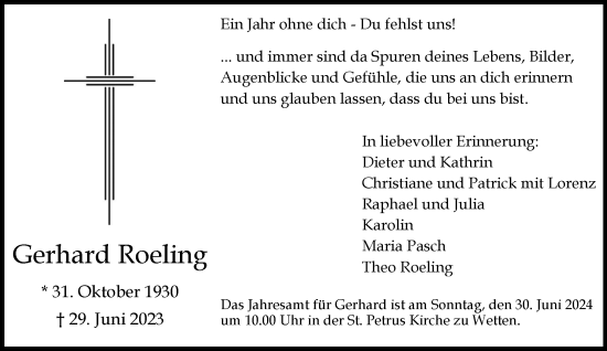 Traueranzeige von Gerhard Roeling von Rheinische Post
