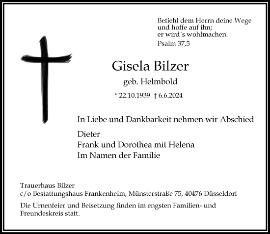 Traueranzeige von Gisela Bilzer von Rheinische Post