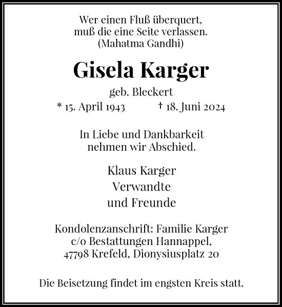 Traueranzeige von Gisela Karger von Rheinische Post