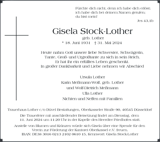 Traueranzeige von Gisela Stock-Lother von Rheinische Post