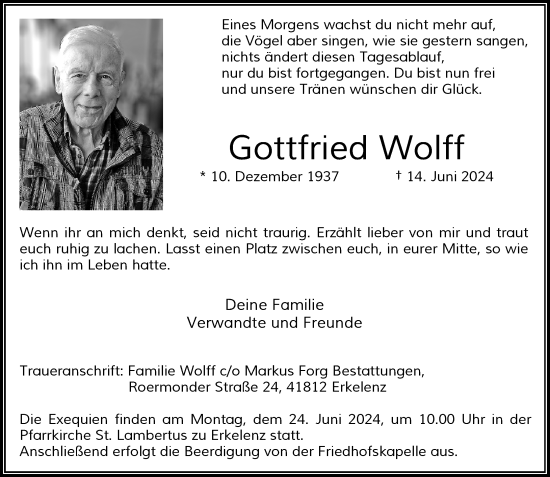 Traueranzeige von Gottfried Wolff von Rheinische Post