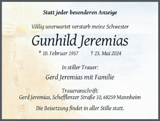 Traueranzeige von Gunhild Jeremias von Rheinische Post