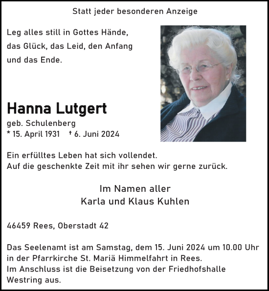 Traueranzeige von Hanna Lutgert von Rheinische Post