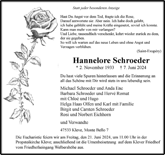 Traueranzeige von Hannelore Schroeder von Rheinische Post