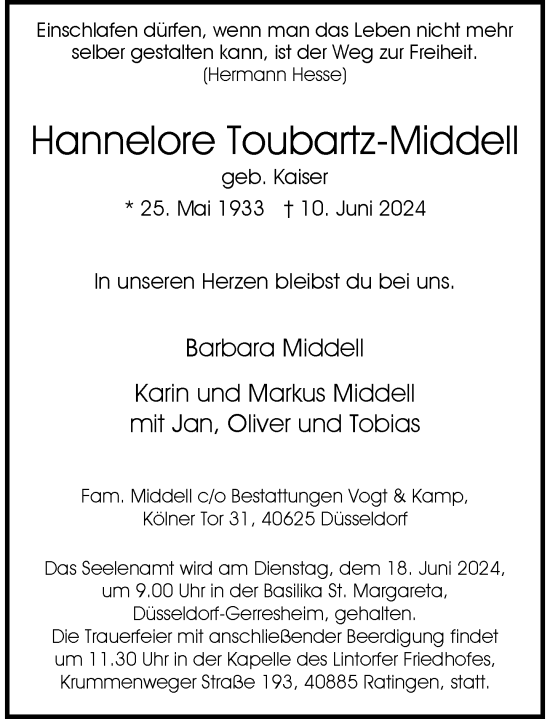 Traueranzeige von Hannelore Toubartz-Middell von Rheinische Post