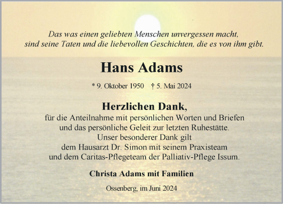 Traueranzeige von Hans Adams von Rheinische Post