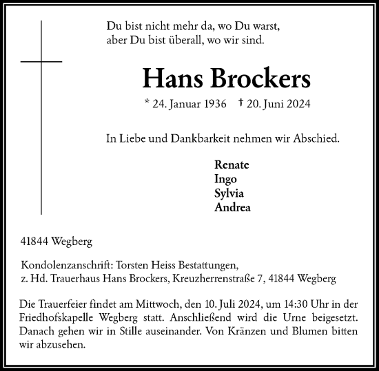 Traueranzeige von Hans Brockers von Rheinische Post