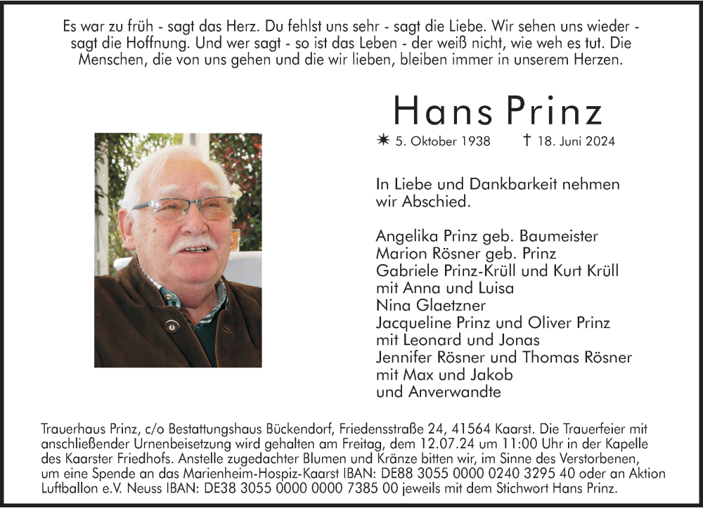  Traueranzeige für Hans Prinz vom 29.06.2024 aus Rheinische Post