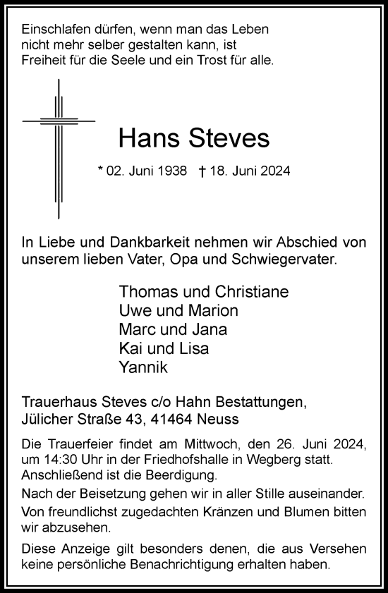 Traueranzeige von Hans Steves von Rheinische Post