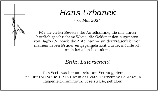 Traueranzeige von Hans Urbanek von Rheinische Post