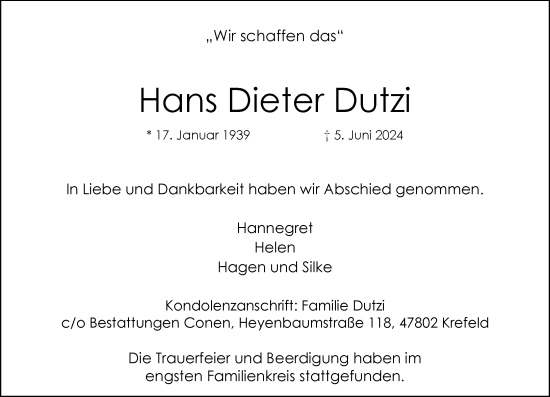 Traueranzeige von Hans Dieter Dutzi von Rheinische Post