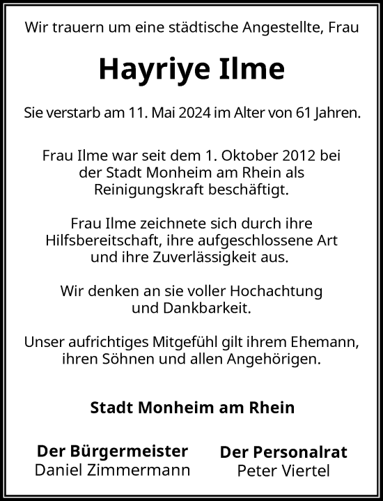 Traueranzeige von Hayriye Ilme von Rheinische Post