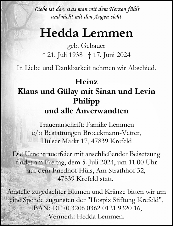 Traueranzeige von Hedda Lemmen von Rheinische Post