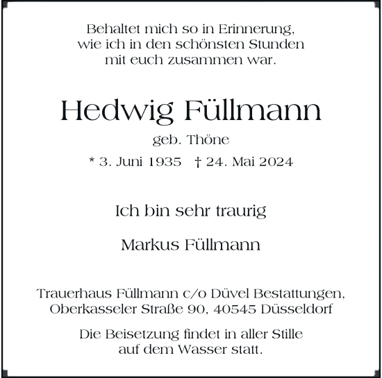Traueranzeige von Hedwig Füllmann von Rheinische Post