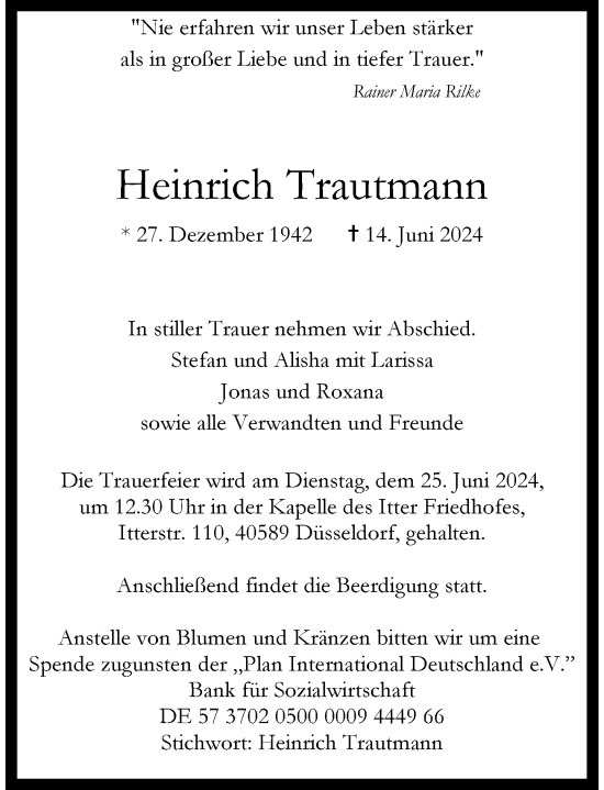 Traueranzeige von Heinrich Trautmann von Rheinische Post