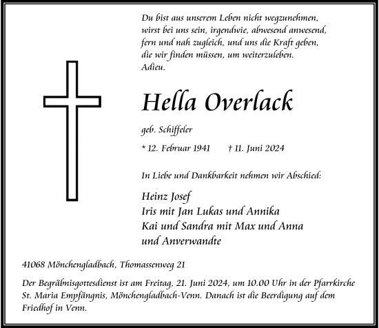 Traueranzeige von Hella Overlack von Rheinische Post