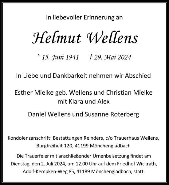 Traueranzeige von Helmut Wellens von Rheinische Post