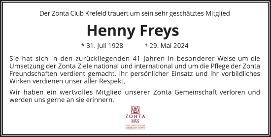 Traueranzeige von Henny Freys von Rheinische Post