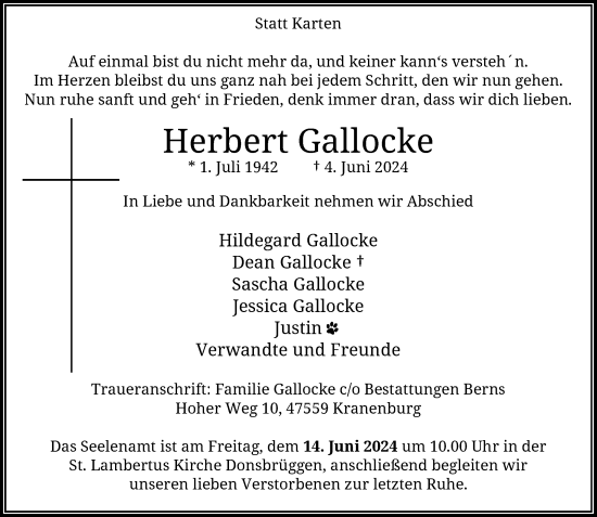 Traueranzeige von Herbert Gallocke von Rheinische Post