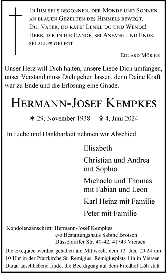 Traueranzeige von Hermann-Josef Kempkes von Rheinische Post