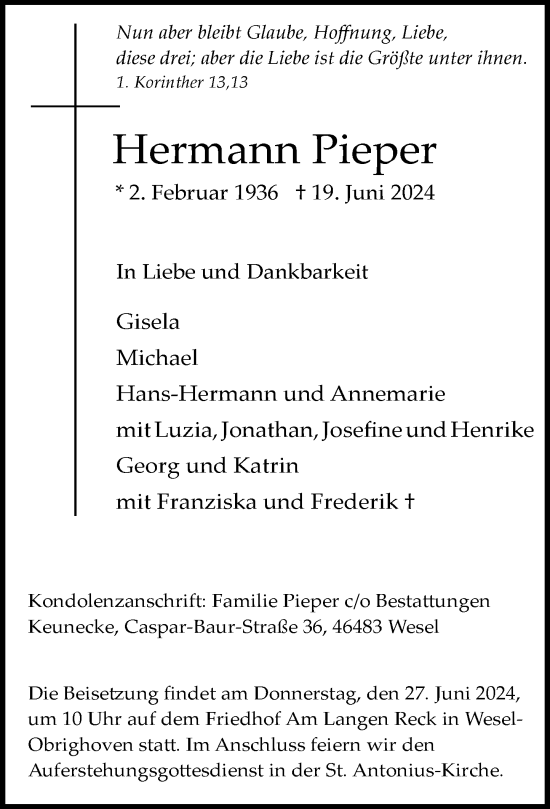 Traueranzeige von Hermann Pieper von Rheinische Post