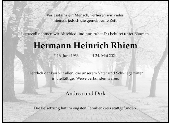 Traueranzeige von Hermann Heinrich Rhiem von Rheinische Post