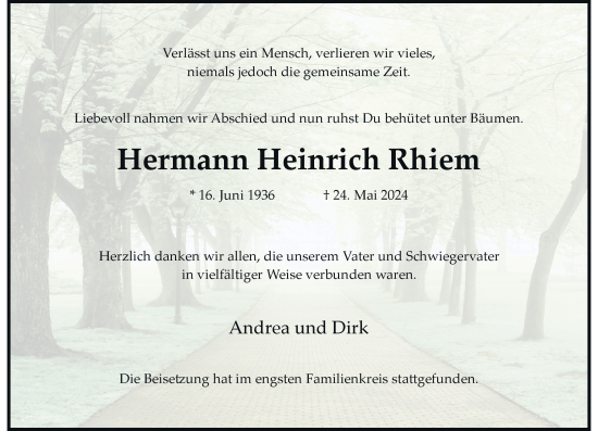 Traueranzeige von Hermann Heinrich Rhiem von Rheinische Post
