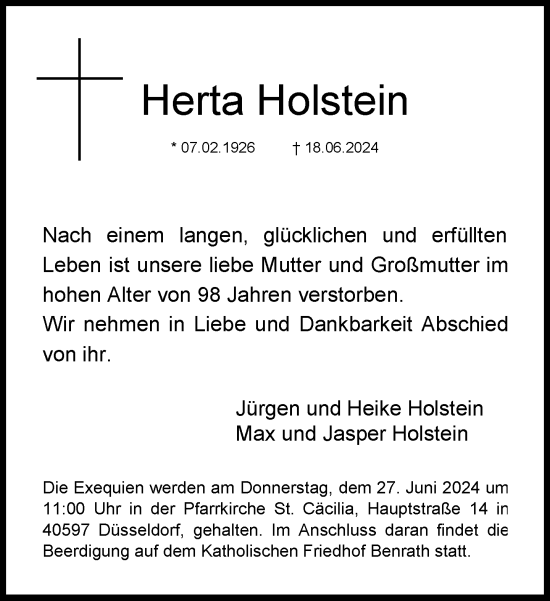 Traueranzeige von Herta Holstein von Rheinische Post