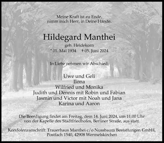 Traueranzeige von Hildegard Manthei von Rheinische Post