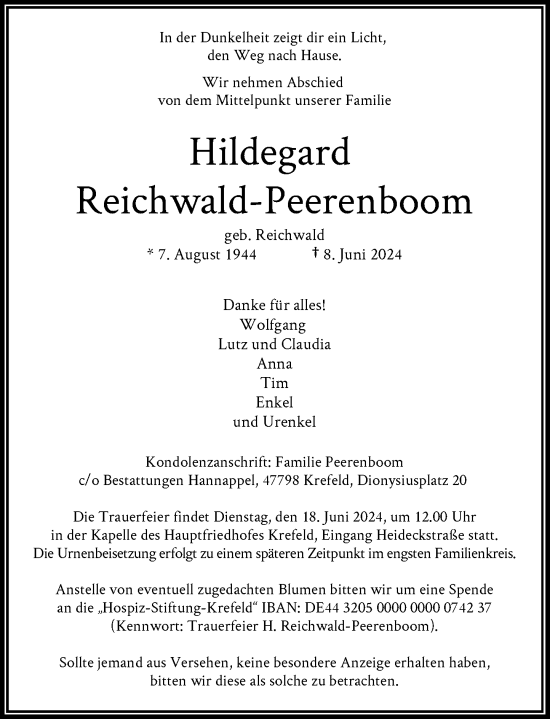 Traueranzeige von Hildegard Reichwald-Peerenboom von Rheinische Post