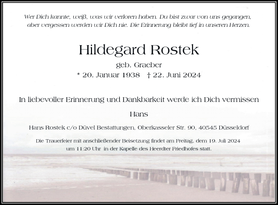 Traueranzeige von Hildegard Rostek von Rheinische Post