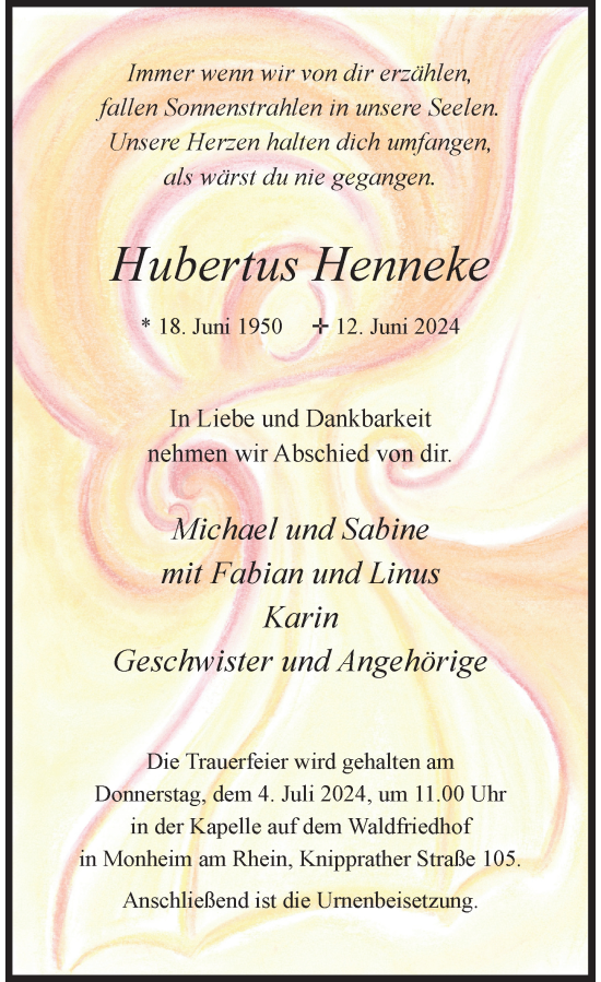 Traueranzeige von Hubertus Henneke von Rheinische Post