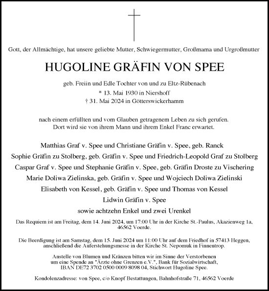 Traueranzeige von Hugoline Gräfin von Spee von Rheinische Post