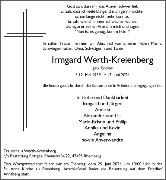 Traueranzeige von Irmgard Werth-Kreienberg von Rheinische Post