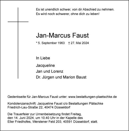 Traueranzeige von Jan-Marcus Faust von Rheinische Post