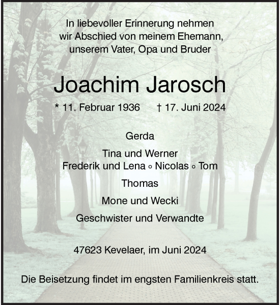 Traueranzeige von Joachim Jarosch von Rheinische Post