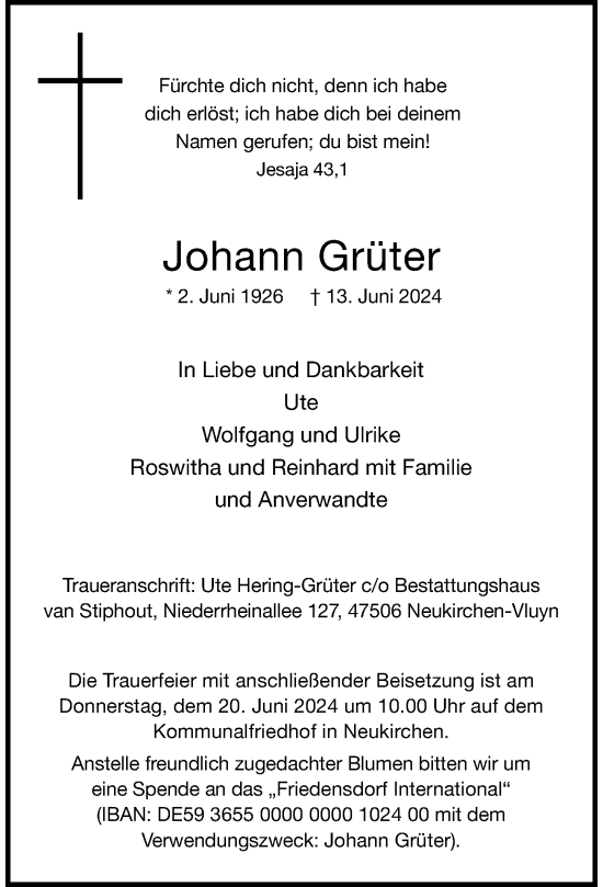 Traueranzeige von Johann Grüter von Rheinische Post