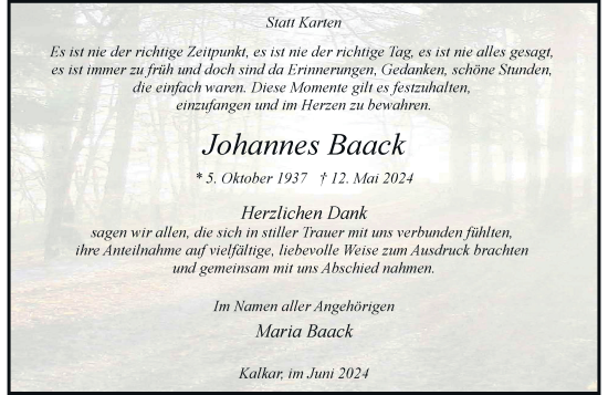 Traueranzeige von Johannes Baack von Rheinische Post