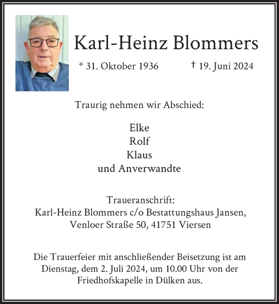 Traueranzeige von Karl-Heinz Blommers von Rheinische Post