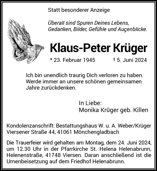 Traueranzeige von Klaus-Peter Krüger von Rheinische Post