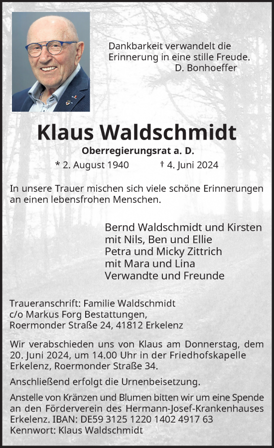 Traueranzeige von Klaus Waldschmidt von Rheinische Post