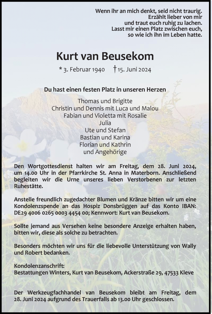  Traueranzeige für Kurt van Beusekom vom 22.06.2024 aus Rheinische Post
