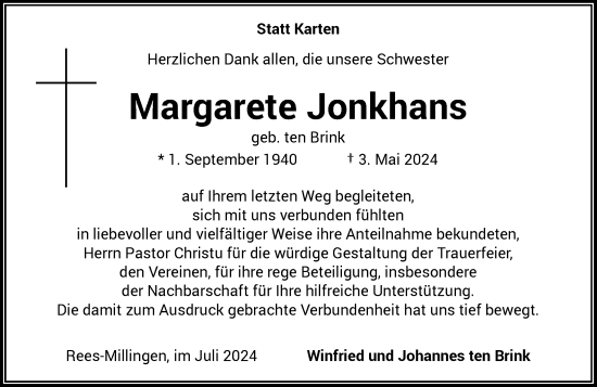 Traueranzeige von Margarete Jonkhans von Rheinische Post