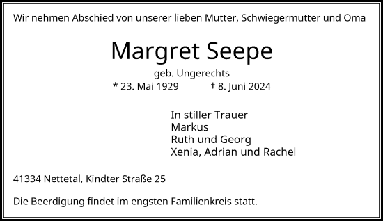 Traueranzeige von Margret Seepe von Rheinische Post