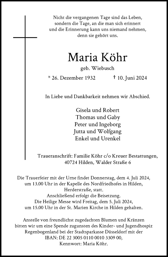 Traueranzeige von Maria Köhr von Rheinische Post