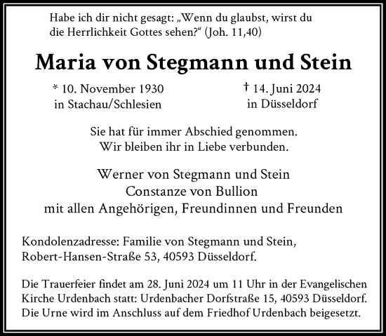 Traueranzeige von Maria von Stegmann und Stein von Rheinische Post