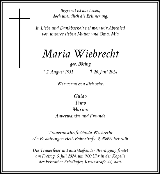 Traueranzeige von Maria Wiebrecht von Rheinische Post