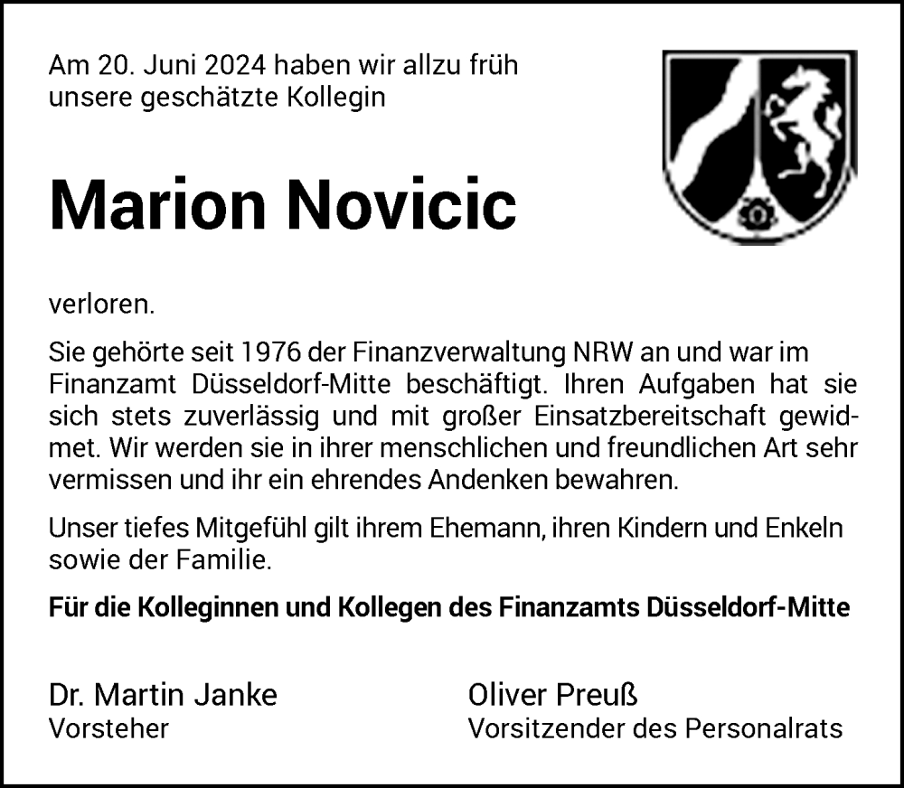  Traueranzeige für Marion Novicic vom 29.06.2024 aus Rheinische Post