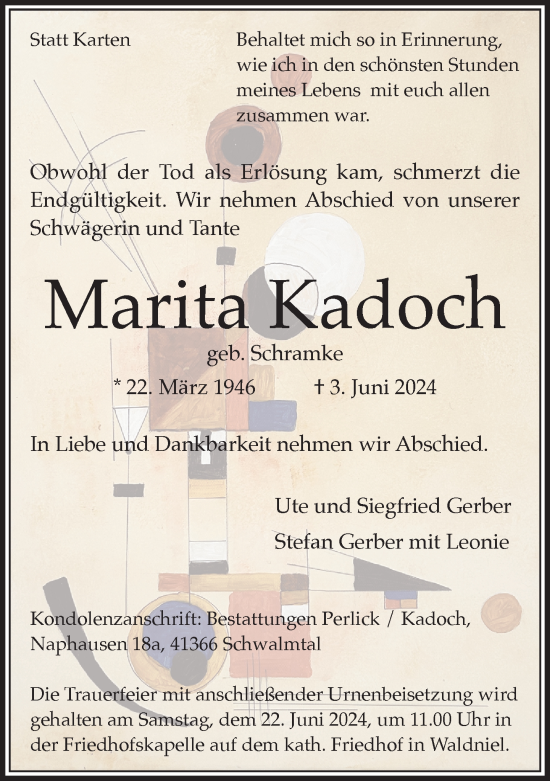 Traueranzeige von Marita Kadoch von Rheinische Post